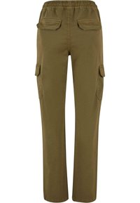 Olivgrüne Cargo-Hosen mit elastischem Bund, ausgestattet mit zwei Seitentaschen und zwei Gesäßtaschen, aus einem glatten Baumwoll-Mischgewebe.