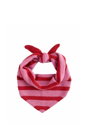 Knitted pink and red striped bandana tied in a knot, designed to wear around the neck with a pointed end.