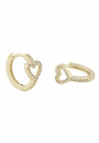 Guldtonade hoopsmycken med hjärtformade mönster. Utsmyckade med klara rhinestones längs kanterna för extra glans.