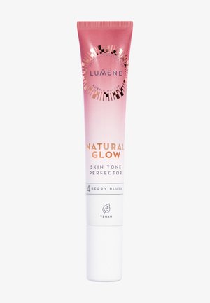 Lumene Natural Glow Skin Tone Perfector in kleur 4 Berry Blush, roze verloopbuis met veganistisch label.