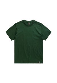 T-shirt in cotone verde con collo a giro, maniche corte e taglio dritto. Presenta un piccolo etichetta sul lato sinistro inferiore. Texture liscia.