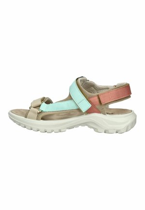 Justerbar udendørs sandal med beige sål, polstret fodseng og remme i mintgrøn, koral pink og beige, designet til komfort og holdbarhed.