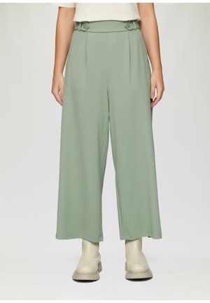 Brede broek van zacht, lichtgroen stof. Kenmerkt zich door een hoge taille met dubbele knopen en voorplooien. Gepaard met beigerode enkellaarsjes.