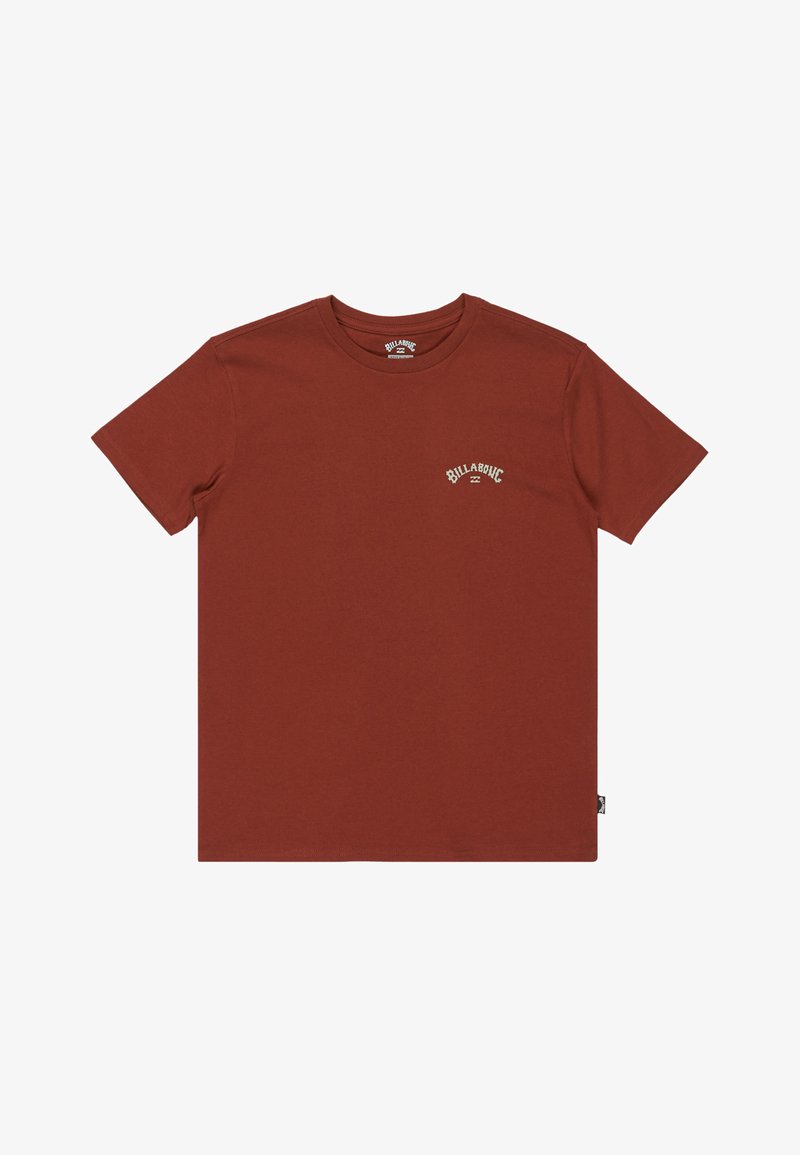 Kurzarm-T-Shirt mit Rundhalsausschnitt in Rostfarbe. Aus Baumwolle mit einer weichen Textur gefertigt. Verfügt über ein kleines Logo auf der Vorderseite in Creme.