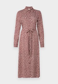 Rochie cu mâneci lungi din material bordeaux, cu un model floral în crem. Detalii cu funda la talie și la guler. Textură netedă, lungime midi.