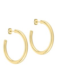 Goldfarbene Creolen mit einem glatten, runden Design. Sie verfügen über einen Steckverschluss und eine polierte, reflektierende Oberfläche.