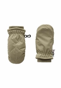 Mittens beiges matelassés avec des poignets élastiques, dotés d'un crochet pour attache, et un extérieur lisse et isolé pour la chaleur.