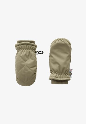 Gepolsterte beige Handschuhe mit elastischen Manschetten, ausgestattet mit einem Haken zur Befestigung und einer glatten, isolierten Außenseite für Wärme.