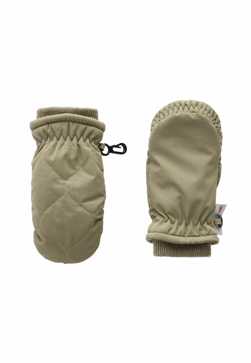 Mittens beiges matelassés avec des poignets élastiques, dotés d'un crochet pour attache, et un extérieur lisse et isolé pour la chaleur.
