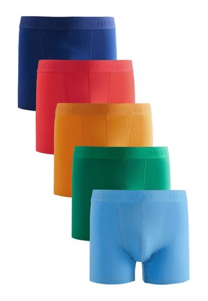 Five pairs of boxer shorts in blue, red, orange, green, and light blue, featuring a soft fabric and an elastic waistband with "NEXT" branding.