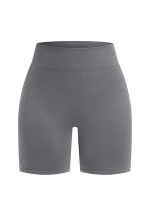 Graue Sportshorts mit glatter Textur, hohem Bund und knielangem Schnitt. Entworfen für Komfort und Flexibilität während der Aktivität.