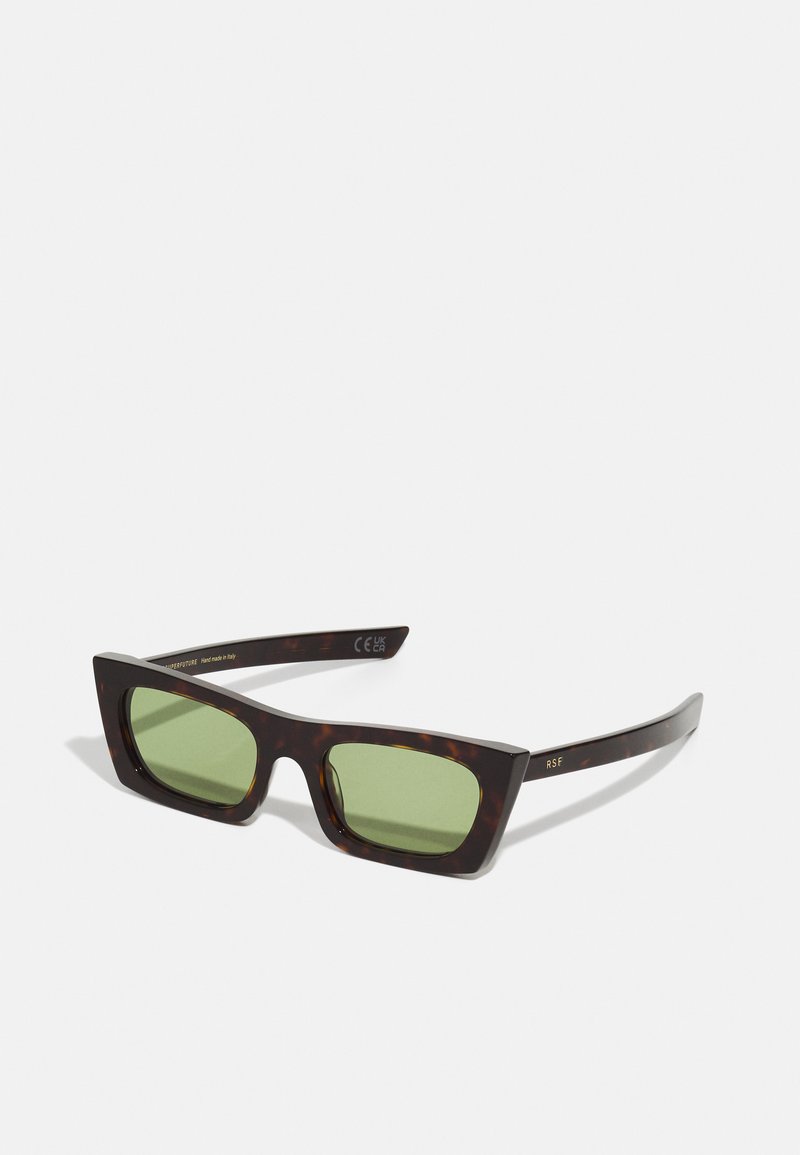 Tortoiseshell sunglasses with a rectangular frame, green lenses, and slender arms. Accents include gold text on the temple.