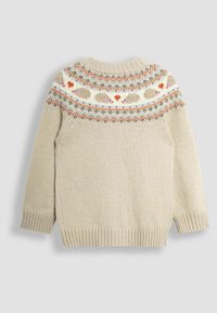 Beige stickad tröja med ett mönstrat ok som har lekfulla igelkottmotiv, hjärtan och färgglada geometriska designer vid halsringningen och axlarna.