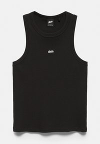 Débardeur noir côtelé sans manches avec un petit logo blanc centré sur la poitrine et une étiquette au niveau de l'encolure.