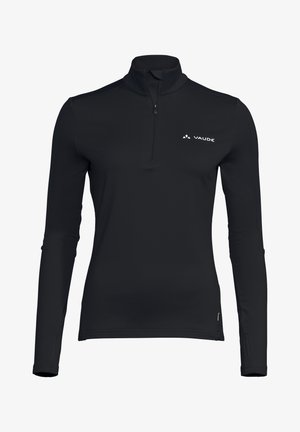 Zwarte langekorte mouwen top met een kwart-zip en hoge kraag. Kenmerkt zich door een logo op de borst, een gladde textuur en een getailleerd ontwerp.