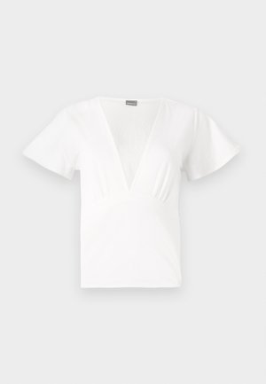 Top branco de mangas curtas com um decote em V profundo e detalhe franzido na cintura. Feito de um tecido leve e suave com um corte descontraído.