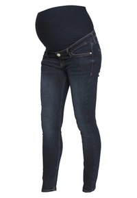 Vaqueros de maternidad azul oscuro con una cintura elástica sobre una barriga embarazada, mostrados sobre un fondo blanco.