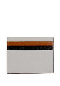 Porta carte in pelle bianco con una striscia orizzontale arancione e nera. Finitura testurizzata, forma rettangolare, cuciture minime e bordi cuciti.