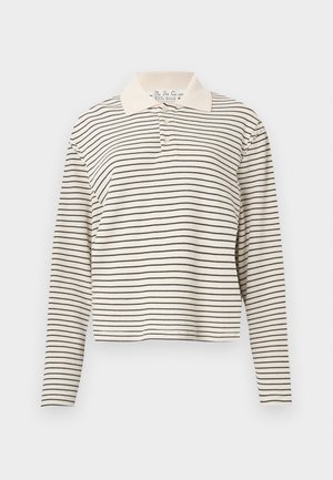 Polokošeľa s dlhým rukávom v krémovej farbe s čiernymi vodorovnými pruhmi. Má kontrastný svetlý golier a rebrovanú textúru.