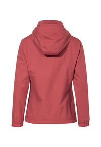 Rode waterdichte jas met een capuchon, elastische manchetten en een gladde textuur. Beschikt over een getailleerd ontwerp en een eenvoudige constructie.