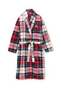 Accappatoio in pile con motivo a quadri rosso, nero e verde acqua, collo a scialle, cintura annodata e tasca frontale. Texture morbida e design confortevole.
