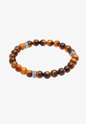Hnedý náramok z tigrovho oka s mozaikou striedavých lesklých a matných sférických korálkov, zdobený dvoma dekoratívnymi striebornými spacer korálkami.