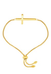 Bracciale in oro con charm a forma di croce, catena regolabile con una texture liscia e dettagli a forma di perline tonde al chiusura.