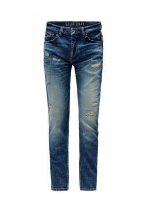 Vaqueros de mezclilla azul con parches descoloridos y desgastados, diseño de cinco bolsillos y etiqueta "Salsa Jeans" en la cintura interior.