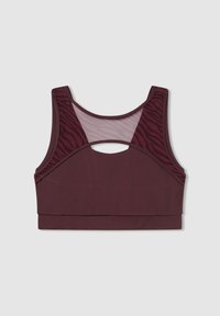 Bordowy stanik sportowy z siateczkowym tyłem, ozdobiony wzorem w zebry. Posiada szerokie ramiączka i okrągłe wycięcie z tyłu. Gładka tekstura.