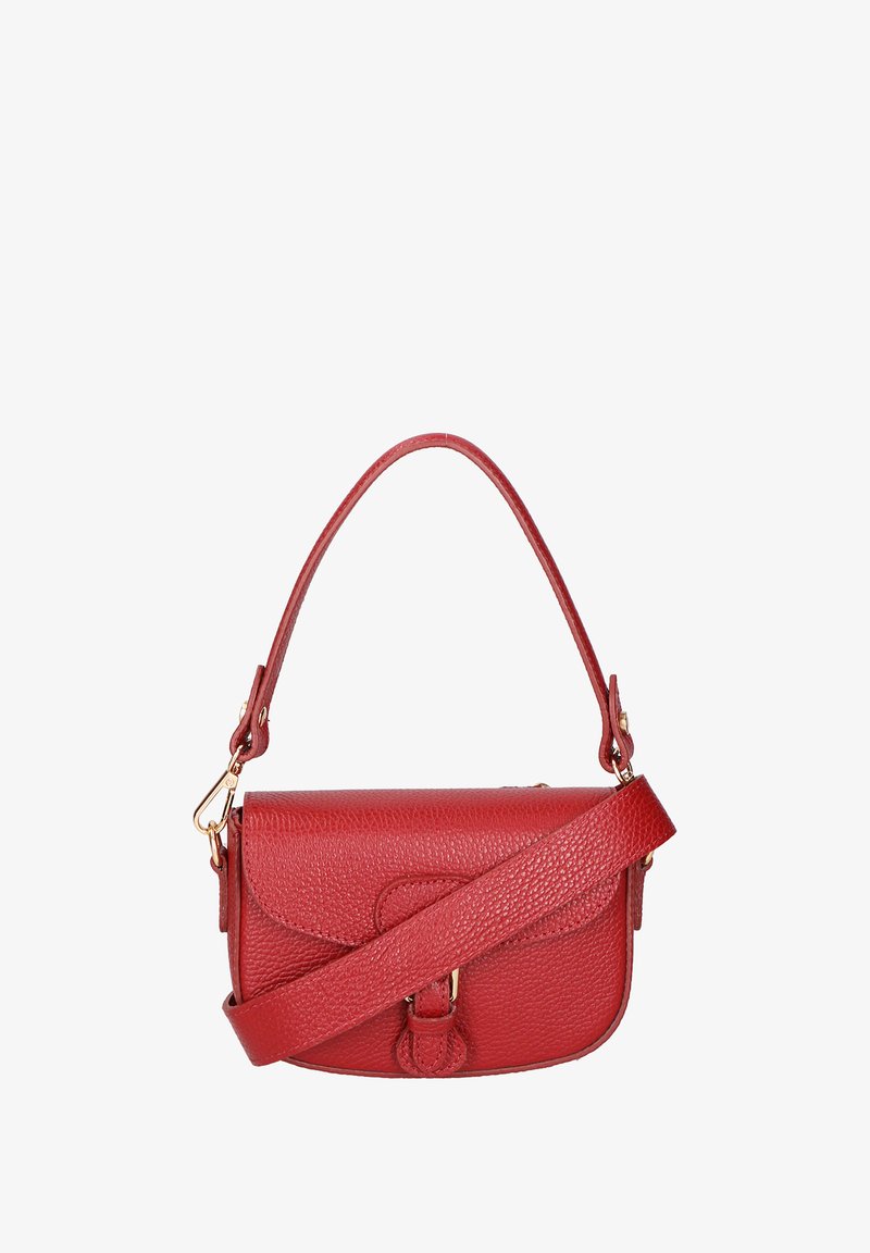 Rode leren handtas met een gestructureerde afwerking, voorzien van een bovenhandvat en een afneembare schouderband. Accenten in goudkleurig hardware.