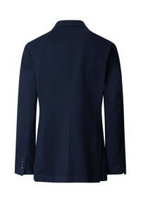 Marineblauer, maßgeschneiderter Blazer mit langen Ärmeln, geknöpften Manschetten und einer Mittelnaht am Rücken, von hinten auf weißem Hintergrund gezeigt.