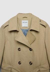 Trench-coat beige avec un design à double boutonnage, de grands revers et deux boutons marron, doté d'une doublure intérieure rayée et d'une ceinture à la taille.