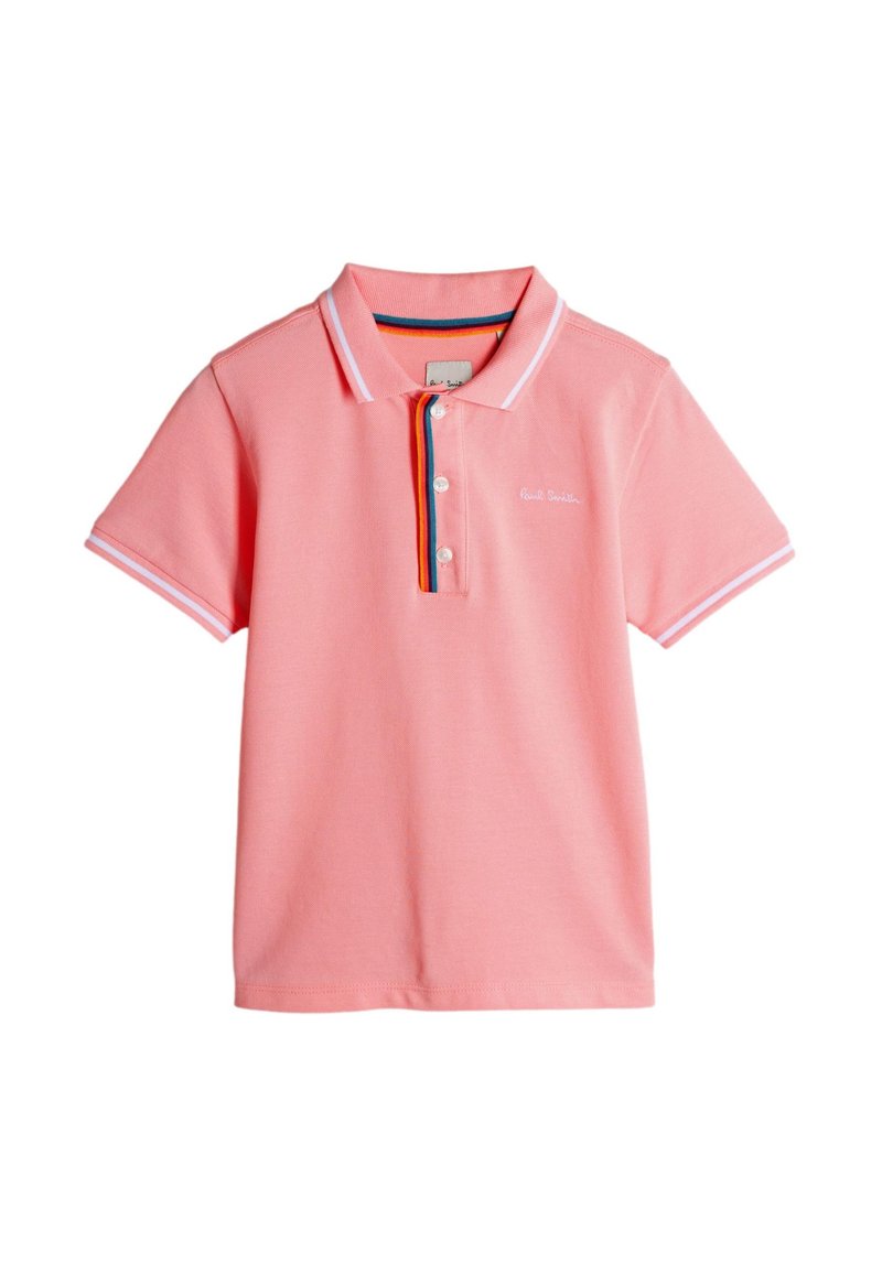 Korte mouwen polo in lichtroze katoen, met een witte kraag en meerkleurige strependetails langs de voorknopsluiting.