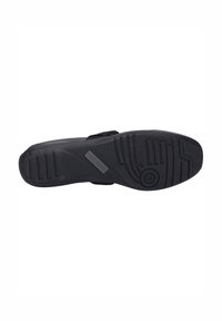 Semelle de chaussure en caoutchouc noir avec des motifs de semelle texturés, un logo de marque et une légère courbure. Le design met l'accent sur l'adhérence et la durabilité.