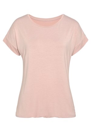 Helles rosa T-Shirt für Damen mit kurzen Ärmeln, Rundhalsausschnitt und lässiger Passform, auf einem schlichten weißen Hintergrund präsentiert.