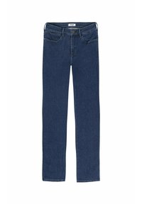 Jeans de mezclilla azul oscuro, con un corte de pierna recta, diseño clásico de cinco bolsillos, cierre de botón y detalles de costura sutiles.