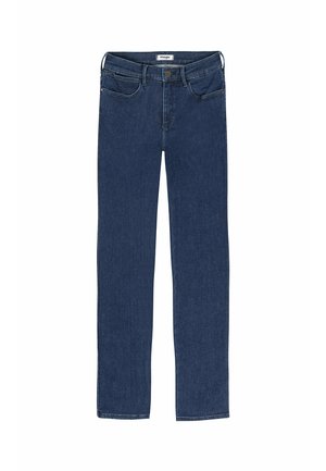 Jeans de mezclilla azul oscuro, con un corte de pierna recta, diseño clásico de cinco bolsillos, cierre de botón y detalles de costura sutiles.