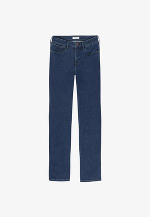 Jeans de mezclilla azul oscuro, con un corte de pierna recta, diseño clásico de cinco bolsillos, cierre de botón y detalles de costura sutiles.