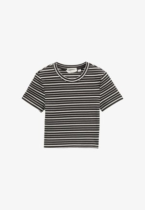 Top corto de manga corta a rayas blanco y negro con textura acanalada y cuello redondo. Presenta rayas horizontales y un ribete en contraste.