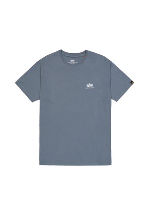 T-shirt gris à manches courtes en coton doux, avec un col rond et un petit logo blanc sur la poitrine gauche.
