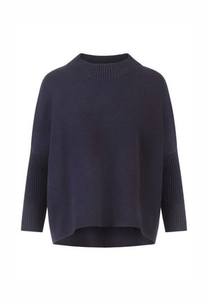 Maglione ampio di un blu navy scuro con colletto alto a coste e rifiniture a coste ai polsini delle maniche, che enfatizzano una vestibilità comoda e una consistenza morbida.