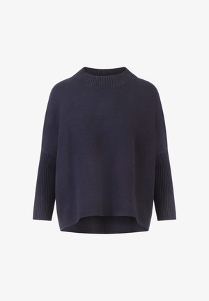 Maglione ampio di un blu navy scuro con colletto alto a coste e rifiniture a coste ai polsini delle maniche, che enfatizzano una vestibilità comoda e una consistenza morbida.