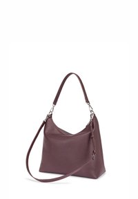 Purple leather handbag with a textured finish, a curved silhouette, adjustable strap, and silver-tone hardware accents. Smooth zipper closure.