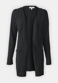 Cardigan noir à coupe décontractée, devant ouvert, poignets côtelés et deux poches avant. Fabriqué en matériau doux, présentant une texture lisse.