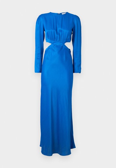 Vestido de manga longa, de um azul vibrante, em tecido liso. Apresenta um detalhe recortado na cintura e um corpete ajustado com detalhes franzidos.