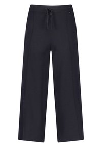 Vida byxor i mörkblått tyg, med dragsko i midjan och subtila sömdetaljer. Mjuk textur med en avslappnad passform.