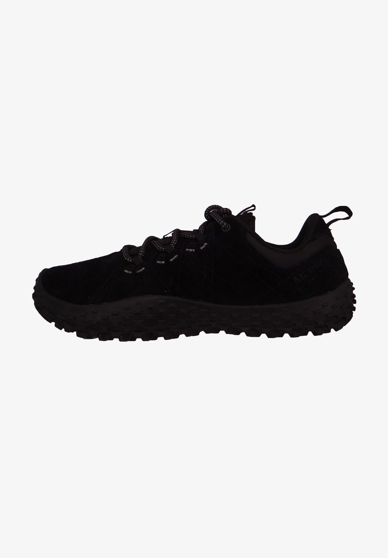 Black athletic shoes with a textured upper, rounded toe, and durable rubber outsole. Features black laces and a padded collar for comfort.