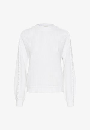 Hvid strikket sweater med et struktureret mønster, ribbet hals og kant, samt puffede ærmer med lodrette sømme langs siderne.