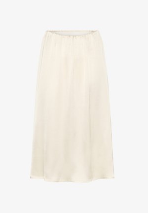 Dlhá sukňa smotanovej farby vyrobená z mäkkej, hladkej tkaniny s elastickým pásom a jednoduchým, splývavým dizajnom.