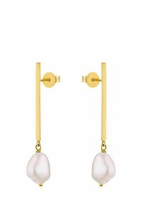 Orecchini in tonalità oro con un design di barre verticali lunghe e irregolari gocce di perle bianche. Texture liscia con finitura lucida.